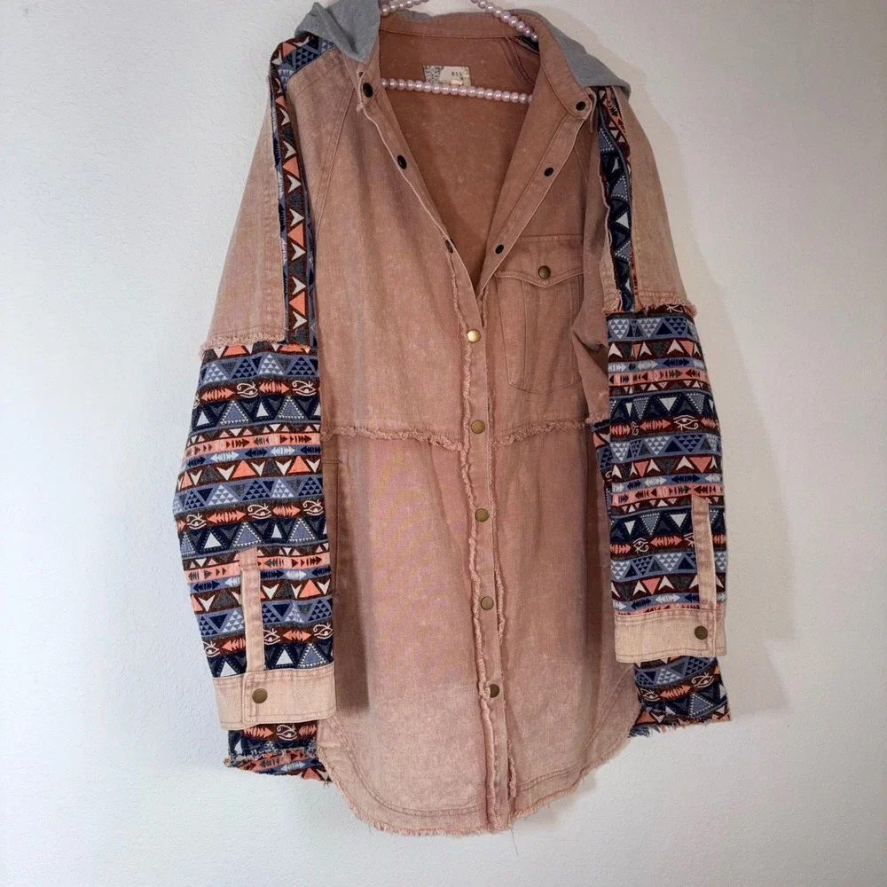 Olie & Hali  Hooded Shacket Large Peach Southwestern Distressed Boho jacket